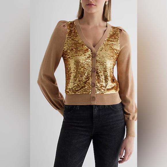 Express front gold sequin cardigan - Picture 1 of 5